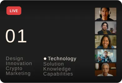 Video conference screen showing four participants and a list of topics.